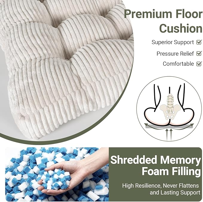 Meditation Floor Pillow Set of 2,Memory Foam Meditation Cushion for Adults Sitting, Large Square Thickened Seat Cushions for Yoga, Tatami Living Room (1, Beige)