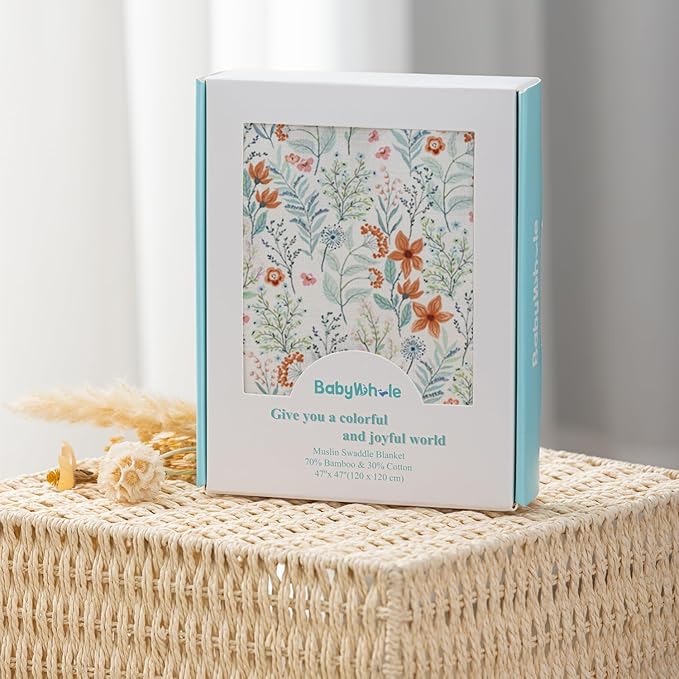Newborn Swaddle Set with Matching Hat and Bow Set, Floral Baby Girl Newborn Receiving Blankets Baby Swaddle Nursery Wildflower Baby Blanket, Wooden Birth Announcement Card