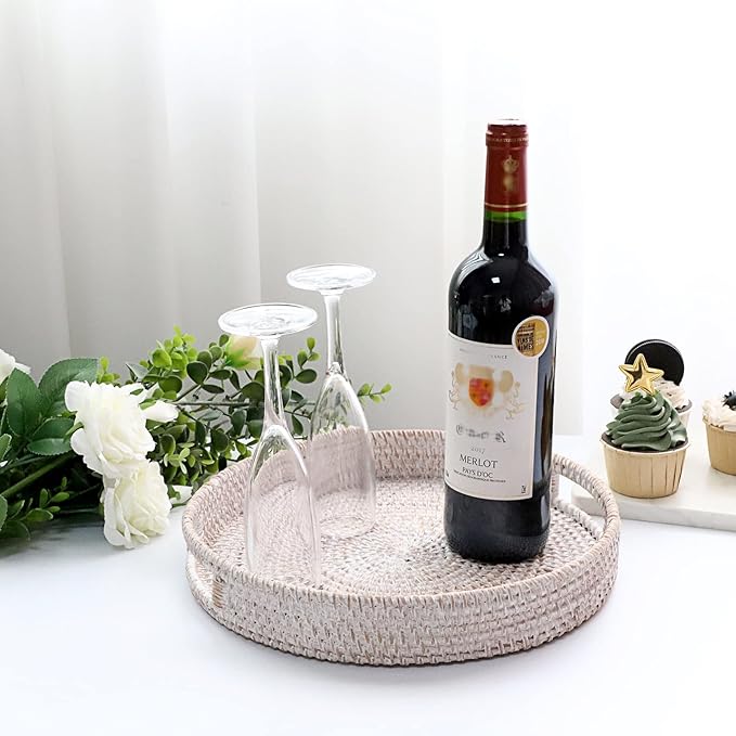 Hipiwe Round Rattan Serving Tray with Handles - Hand-Woven Wicker Tray - Decorative Candle Organizer - Storage for Breakfast, Drinks, Snacks - Coffee Table Centerpiece - Large (11.8" x 11.8" x 1.9")