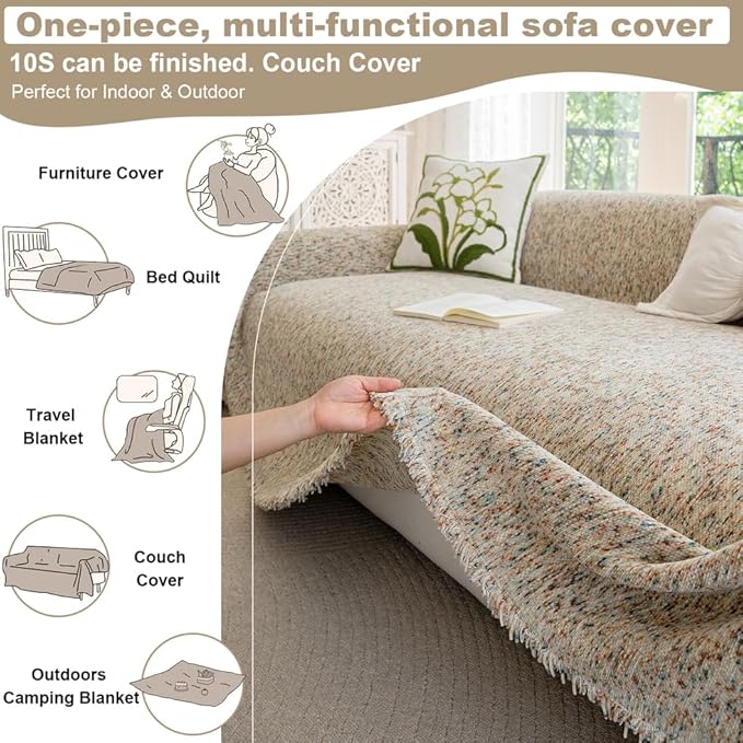 ROOMLIFE Boho Beige Couch Cover for Dogs, Washable Non Slip Furniture Protector Couch Sofa Covers for 3 Cushion Couch, Soft Chenille Couch Cover Throw Blanket with Tassels 71''X150''