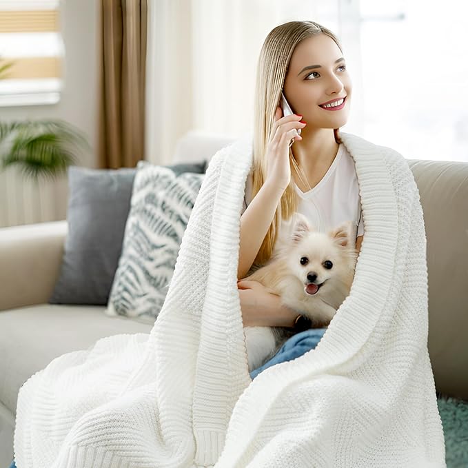 Knitted Throw Blanket 60"X80", White Knit Throws for Bed, Super Soft Boho Chevron Blankets for Couch Sofa Chair Room Decor, Textured Decorative Farmhouse Cozy Lightweight