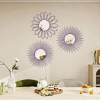 3 Pack Metal Mirrors for Wall Sunburst Wall Mirrors Home Décor Decorative Hanging Wall Art for Living Room Bedroom Entryway (Purple, Flower+Sunburst)