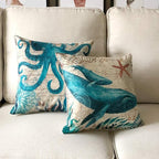 Mediterranean Style Throw Pillow Case Sea Theme Decorative Pillowcases Surtle Octopus Seahorse Whale Coastal Cushion Cover for18 X 18 Inch, 4Pack Nautical Pillow Covers for Summer Beach House Decor