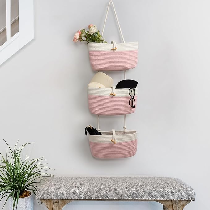TeoKJ Over The Door Hanging Baskets with Button Strap, 3-Tier Woven Cotton Storage Organizer Bag, Wall-Mounted with Hook Decorative Hanging Nursery Baskets - Pink+White