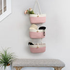 TeoKJ Over The Door Hanging Baskets with Button Strap, 3-Tier Woven Cotton Storage Organizer Bag, Wall-Mounted with Hook Decorative Hanging Nursery Baskets - Pink+White