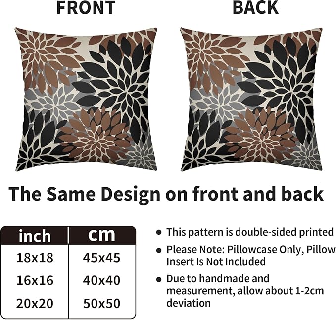 Black Brown Pillow Covers 16X16 Inch Set of 2, Spring Summer Floral Dahlia Flower Cream Decorative Throw Pillow Covers Outdoor Modern Farmhouse Cushion Case for Home Couch Sofa Bed Decor
