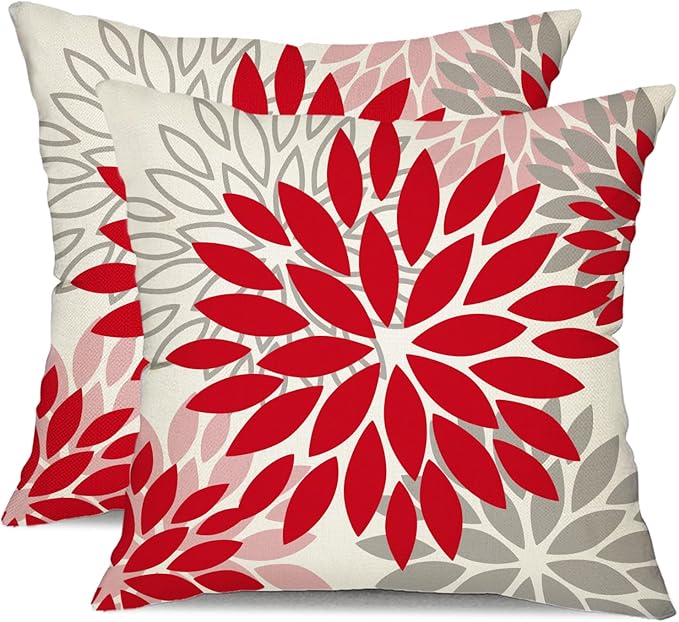 DFXSZ Red Pink Flower Pillow Covers 20x20 Inch Set of 2 Valentines Day Pillow Covers Outdoor Waterproof Decor for Living Room Sofa Patio Funiture Garden Floral Polyester pillowcovers 012F20