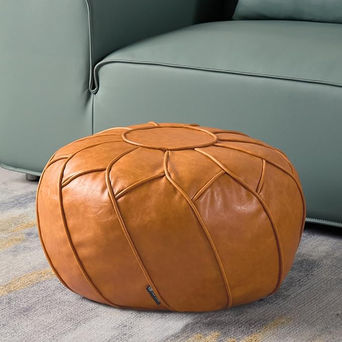 Louis Donné Unstuffed Moroccan Ottoman Pouf Cover, Handmade Faux Leather Pouf Cover with Storage, Boho Chic HomeDecor BeanBag Chair Footstool Rest for Living Seating Floor Cushion ONLYCover(Orange)