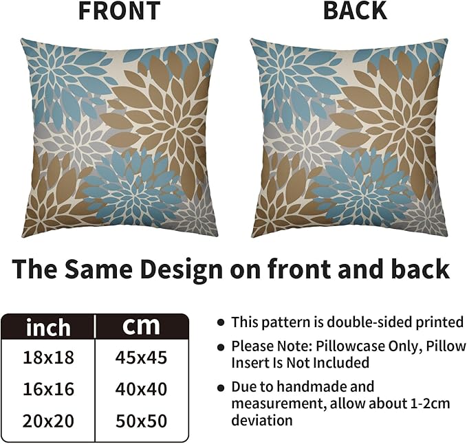 Light Brown Blue Pillow Covers 18X18 Inch Set of 2, Spring Summer Floral Dahlia Flower Cream Decorative Throw Pillow Covers Outdoor Modern Farmhouse Cushion Case for Home Couch Sofa Bed Decor