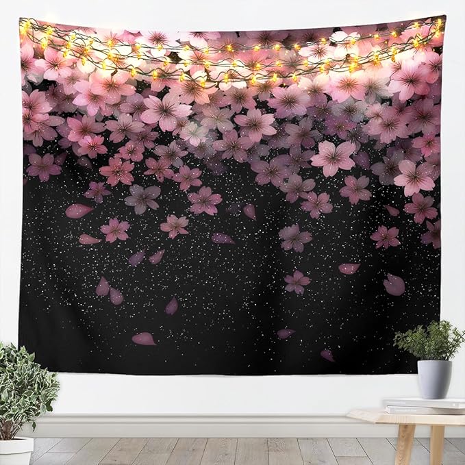 Erosebridal Cherry Blossom Wall Hanging Pink Flower Tapestry Room Decor Petal Floral Wall Blanket Starry Sky Glitter Girly Room Decor Xlarge 70x92