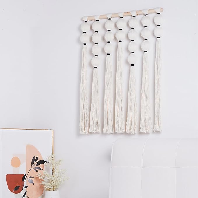 RUIZHIXUAN Macrame Wall Hanging Macrame Ball Wall Hangings Tapestry Cotton Textile Boho Wall Decor Art Bohemian headboard Handwoven 23.6" Wx30 L (white)