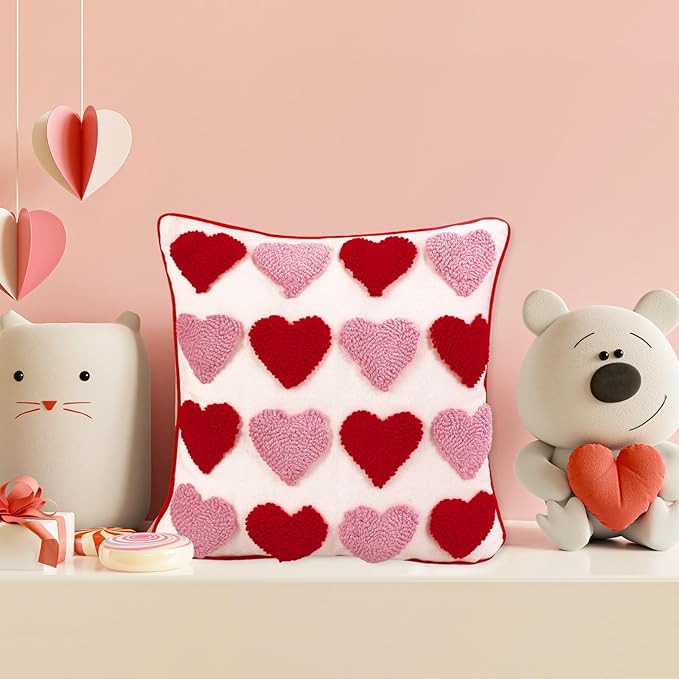 Whaline 2 Pcs Valentine's Day Tufted Throw Pillow Covers Pillow Case 18 x 18 Inch Embroidery Red Pink Heart Cushion Case for Wedding Anniversary Bedroom Sofa Couch Bed Holiday Festival Home Decor
