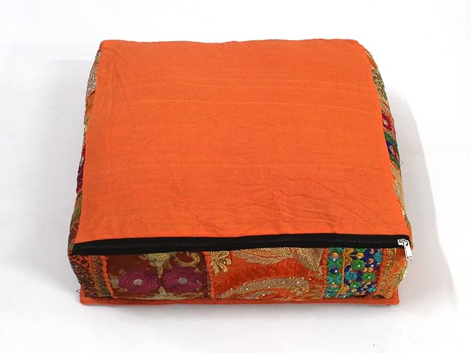 Mam Treasures Indian Bohemian Decorative Pillow Vintage Cushion Cover Patchwork Square Floor Pillow Cover Meditation Cushion Large Floor Pillow Indian Cushion (Orange, 18 X 18 X 5 Inch)