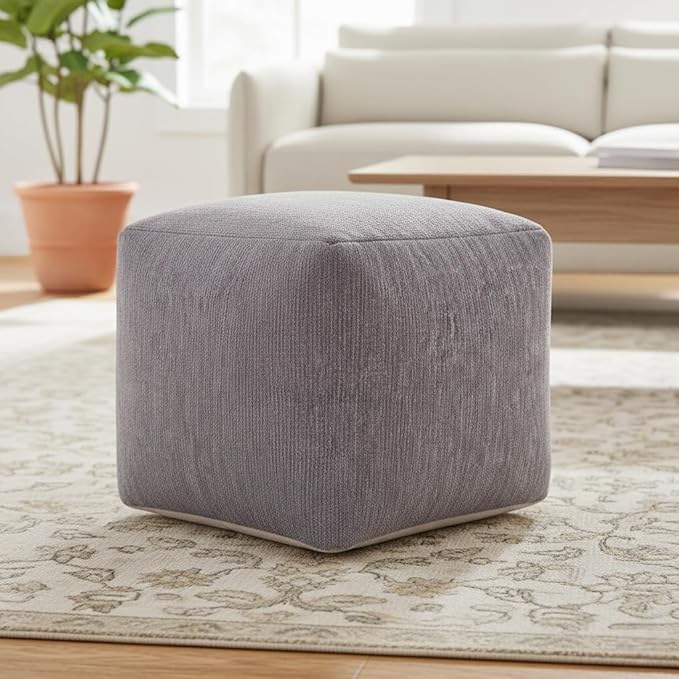 LR Home Contemporary Solid Square Indoor Medium Pouf Ottoman, Frost Gray | Hand-Made Power-Loomed Chenille Cube Pouf for Bedroom & Living Room Decor | 18 x 18 x 18 Stuffed Ottoman for Seating