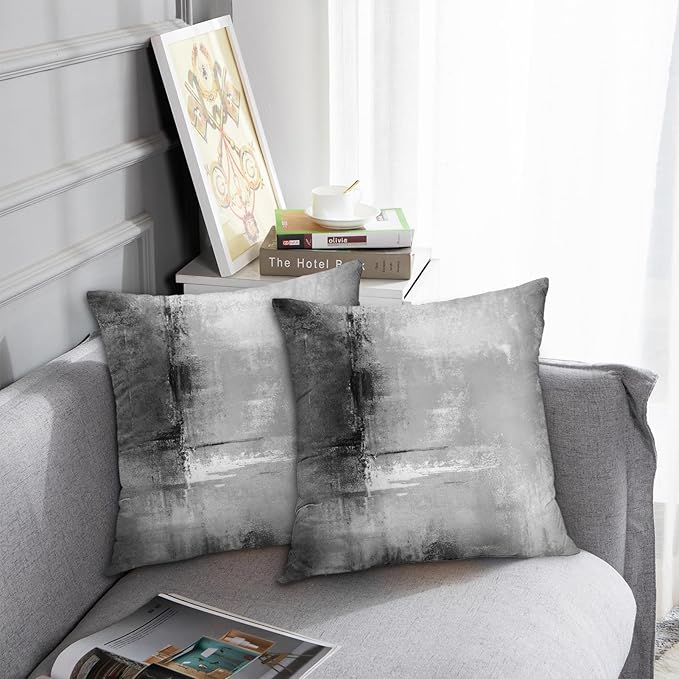 Britimes Throw Pillow Covers Modern Home Art Decor, 18 x 18 Inches Set of 2 Abstract Oil Painting Pillowcases for Bedroom, Living Room, Cushion Couch Sofa, Abstract White Grey