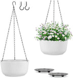 Set of 2 White Hanging Planters for Outdoor Indoor Plants, 12 Inch Self-Watering Hanging Plant Pots with Drainage Hole & Plug (Hooks)