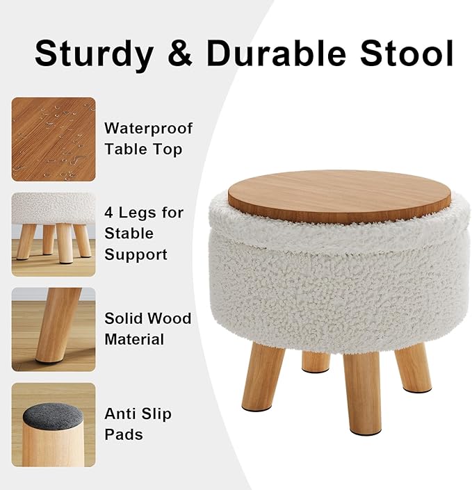 Small Ottoman Footrest, White Boucle Foot Stool, Round Pouf Ottoman with Storage, Teddy Velvet Foot Rest for Couch, Living Room, Nursery, Small Coffee Table Ottomans Stool
