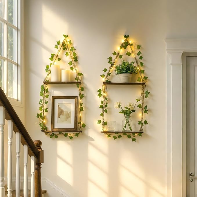 Artilady 2 Pack Artificial Ivy Macrame Hanging Shelves with Lights Boho Wall Decor, 2 Tier Wood Flaoting Shelf Plant Storage Rack for Bedroom Bathroom Living Room Nursery