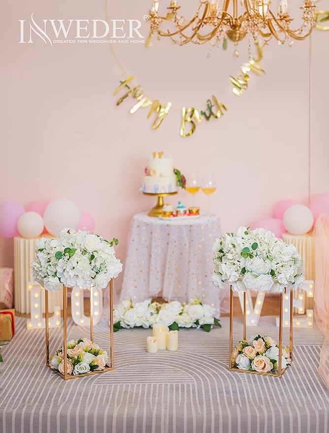 Gold Metal Cube Vase Stand for Wedding Centerpieces, 15.75in Tall, 2 Pcs