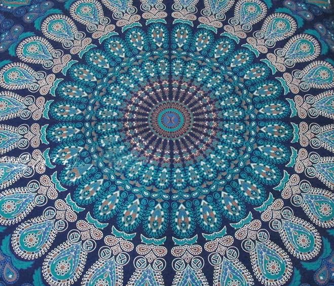 ICC Large Square Floor Pillow Cover Hippie Ottoman Pouf Cover Daybed Cotton Mandala Cushion Cover with Heavy Duty Zipper Seating Ottoman Poufs Dog-Pets Bed (Blue Peacock, 35" Square)