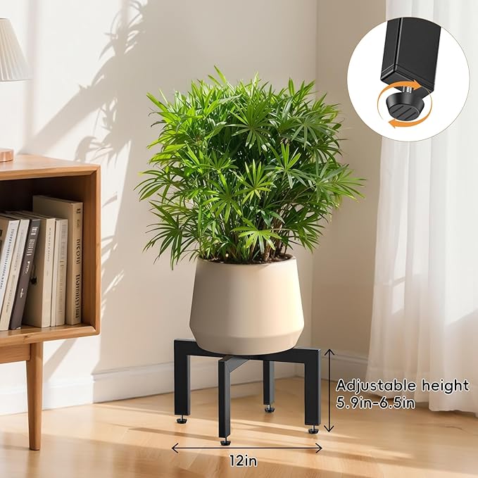 2Pack Adjustable Plant Stand Indoor Outdoor,Metal Modern Plant Stands, Plant Stand with Adjustable Feet,Low Short Plant Stands,Fit 8-12 inch Pots,Black (Pot & Plant Not Included)