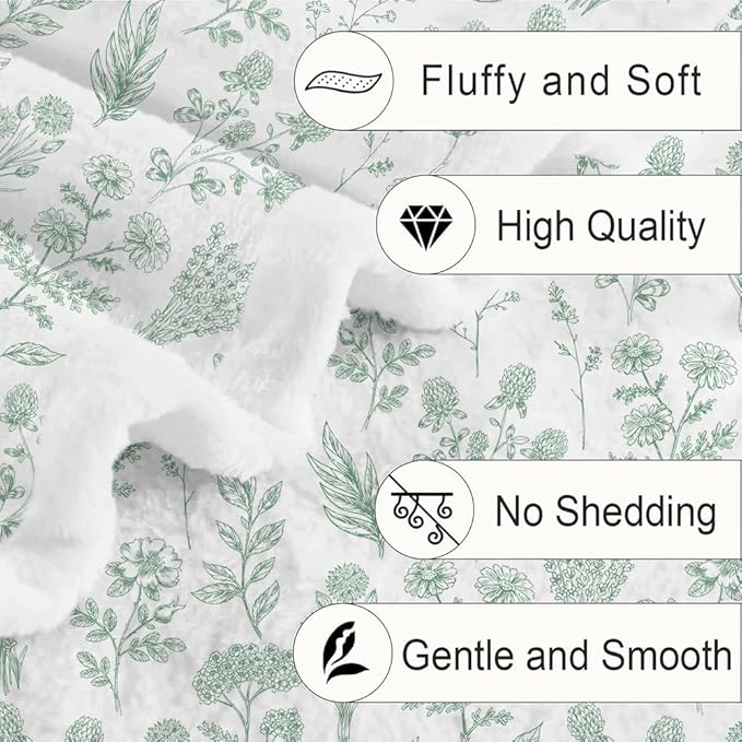 Floral Fuzzy Blanket Green Floral Throw Blanket, Botanical Flowers Blankets, Soft, Flannel, Warm, Boho Flowers Bed Blankets All Season for Couch Bedroom Living Room 50X70 Inch