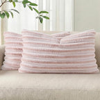 Pallene Faux Fur Plush Lumbar Throw Pillow Covers 12x20 Set of 2, Luxury Soft Fluffy Striped Decorative Pillow Covers for Sofa, Couch, Living Room, Ombre Pink