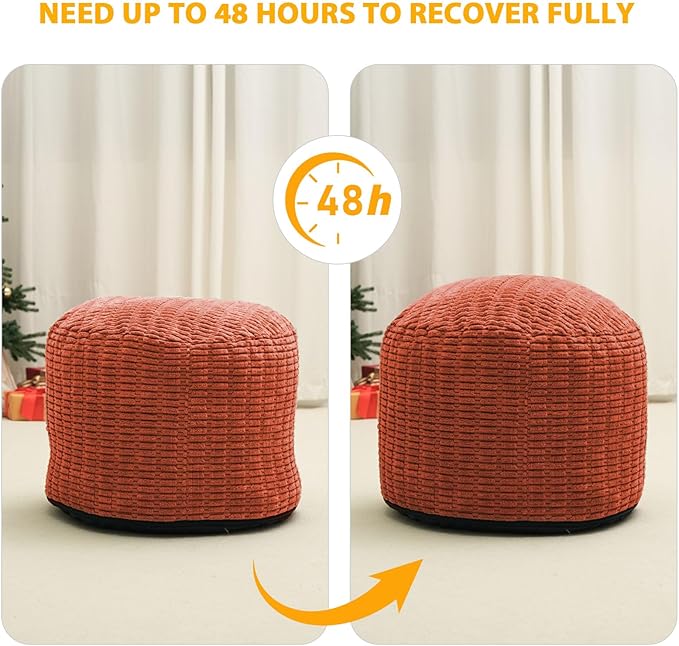 Round Stuffed Pouf Ottoman for Foot Rest, Storage Ottoman Pouf Foot Stool Cushion, Faux Fur Poufs with Foam Chunk Filling, 26 X 18 Inch Floor Chair for Living Room Bedroom Home Decor, Coral Orange