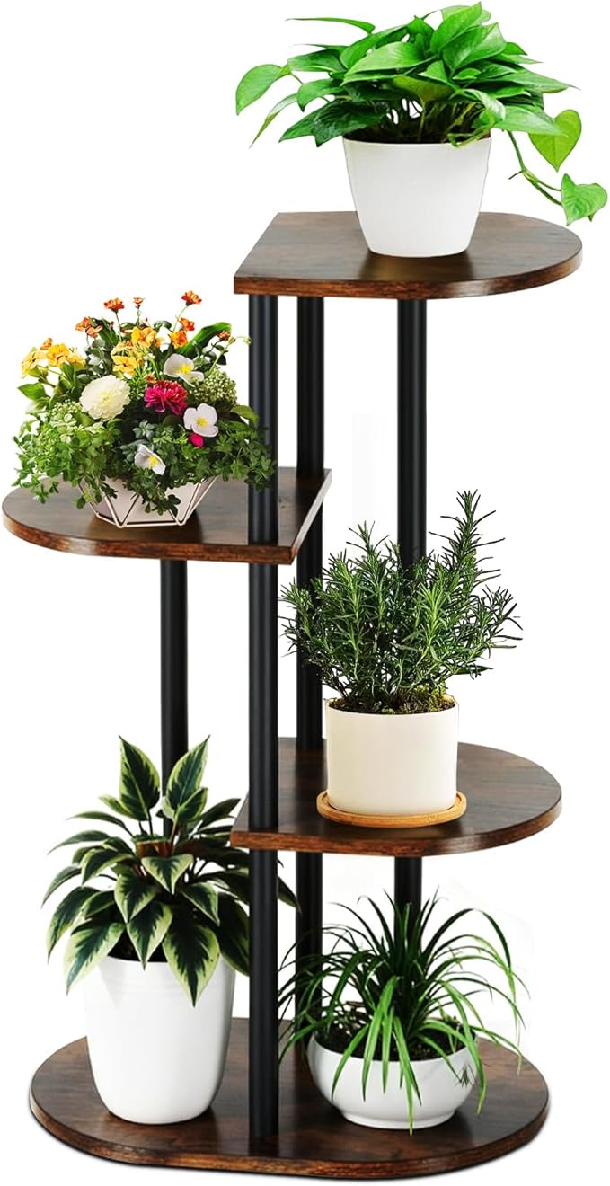 Tiered Plant Stand Indoor, Tall 4 Tier 5 Potted Wooden Plant Shelf for Multiple Flower Plants, Multi Corner Metal Plant Holder Indoor for Patio Garden Patent Design Living Room Balcony Bedroom, Rustic Brown