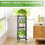 KMOTASUO 3 Tier Black Tall Plant Stand with Wheel for Indoor Outdoor, Heavy Duty Metal Multiple Large Planter Rack for Narrow Corner, Sturdy Iron Vertical Flower Holder for Modern House Patio Bathroom