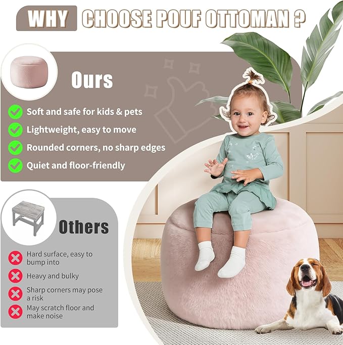 Round Stuffed Pouf Ottoman for Foot Rest, A Round Modern Foam Filled Poufs, Floor Chair for Living Room, Nursery, Dorm, A Soft Modern Foot Stool Perfect to Rest Your Feet (Pink, 20Inch)