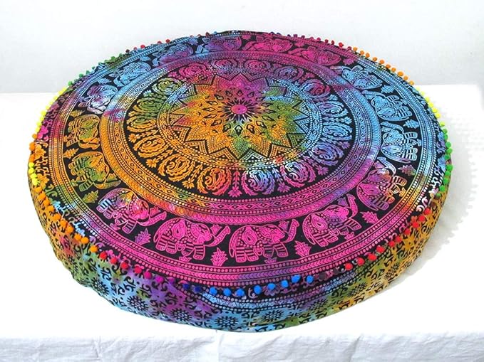 ICC Large Hippie Mandala Round Floor Pillow Cover Ottoman Pouf Cover Daybed Oversized Cotton Cushion Cover with Heavy Duty Zipper Seating Ottoman Poufs Dog-Pets Bed (Multi 4 flower, 35" Round)