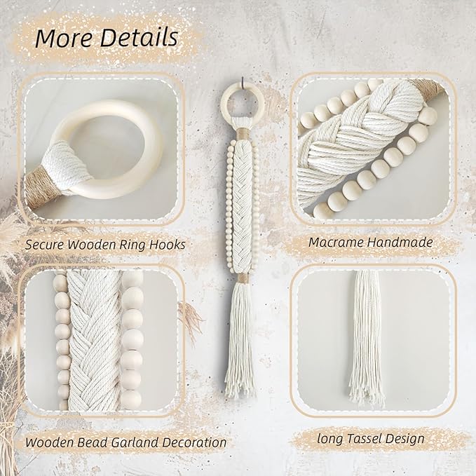 Boho Wall Decor Macrame Beige Wall Hanging with Wood Bead Tassel Western Farmhouse Rustic Cozy Art for Living Room Bedroom Dinning Room Hallway Entryway Door Shelf Dorm (Beige)