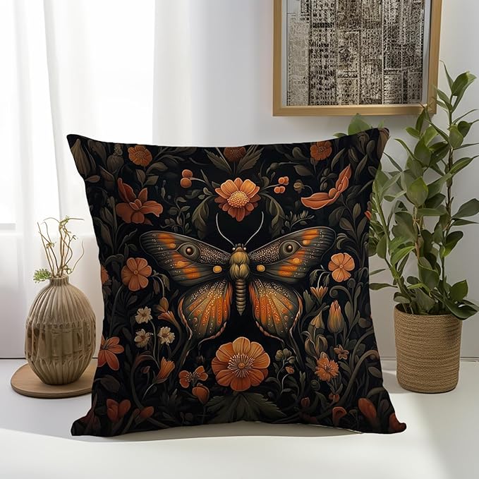 William Morris Abstract Vintage Floral Velvet Butterfly Design Throw Pillow Covers Home Decor, Retro Art Decor Pillowcase Cushion Cover for Bed Sofa Living Room, Square 18x18inch (Orange-Butterfly)