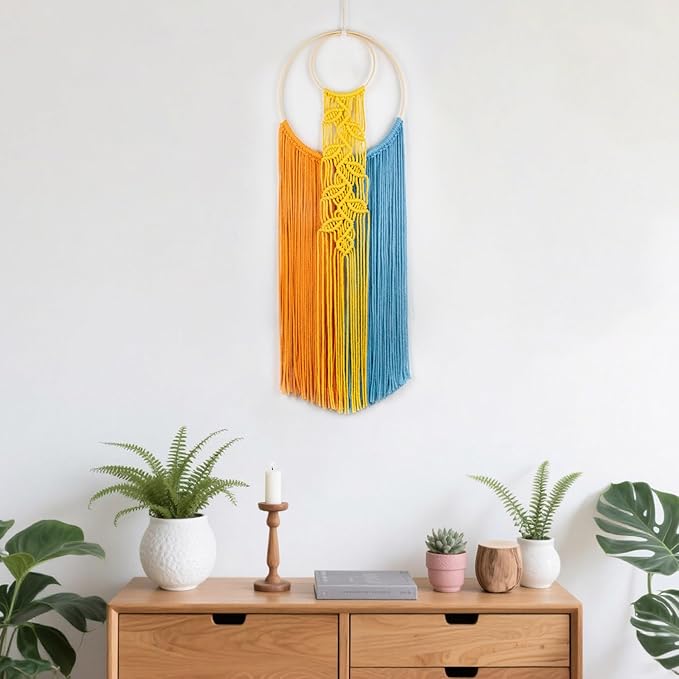 LB Boho Colorful Macrame Wall Hanging Yellow Hand Woven Leaf Pattern Tapestry Wall Art with Wood beads Modern Aesthetic Tassel Wall Decor for Home, Bedroom, Living Room