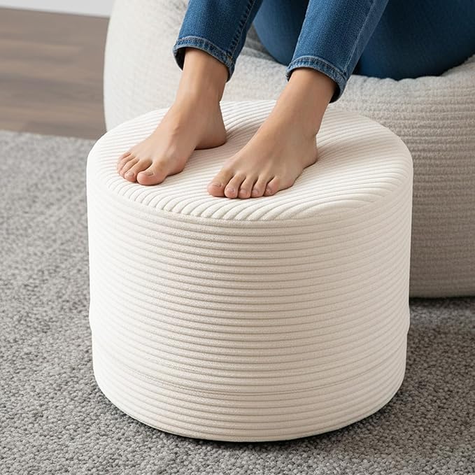 LITA Round Stuffed Pouf Ottoman, Velvet Poufs with High-Density Foam Filling and Washable Cover, Furry and Fluffy Bean Bag Foot Stools Ottoman for Living Room, Bedroom, Office, Beige