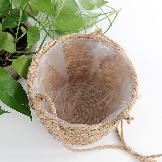 Ejoyous Hanging Planter Basket, Rustic Woven Flower Hangers for Indoor and Outdoor Plants Boho Style Hanging Straw Basket for Porches and Patio Decor (2pcs)