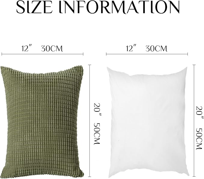 Softalker Throw Pillow Covers 12x20 Inch, Set of 2, Soft Corduroy Boho Stripe Decorative Pillow Cover, Couch Fluffy Pillow Cover for Farmhouse Home Decor Bed Living Room, Olive Green