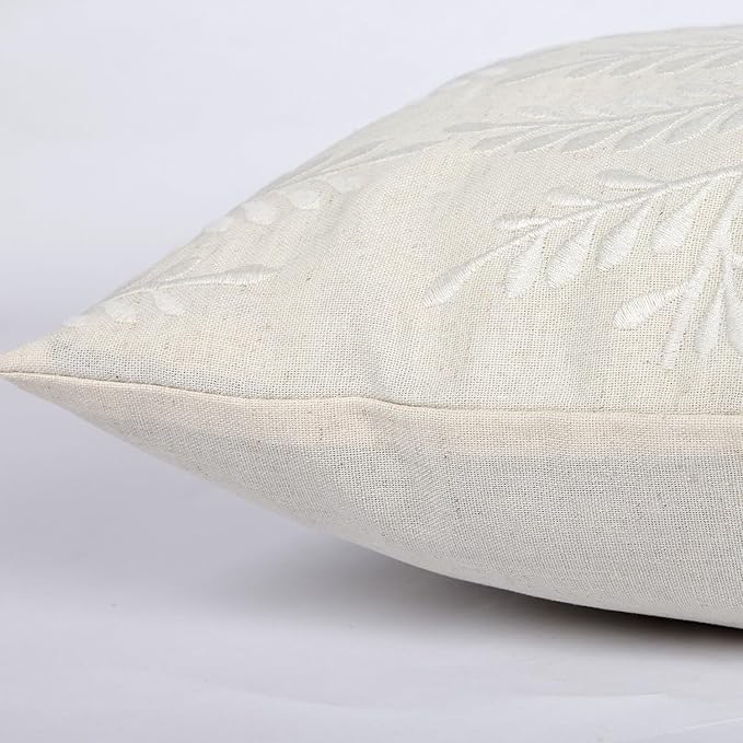 Embroidered Throw Pillow Cover 12x 20, Classical Boho Leaves Natural Linen Pillow Cushion Case, Farmhouse Home Decor for Outdoor Couch Bedroom Car White