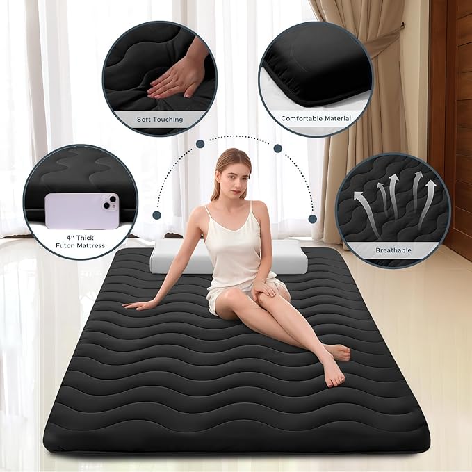 Japanese Floor Mattress, 100% High Density Comfortable Foam, 4" Thicken Foldable Mattress Tatami Mat Sleeping Pad, Ideal for Comfort and Support, Kids Floor Lounger Camping Bed Sofa, Black, Queen