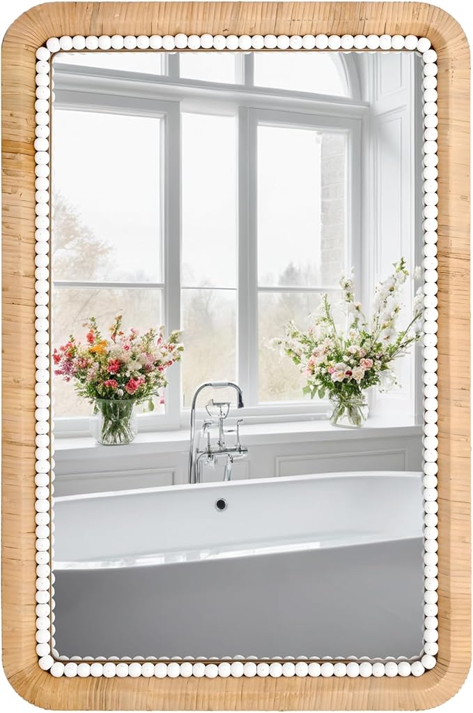 FUIN 30x20 Inch Rattan Wall Mirror with White Bead Trim, Handmade Boho Bathroom Vanity Mirror, Natural Rectangular Hanging Mirror for Bedroom, Living Room, Entryway, Vertical or Horizontal Mount