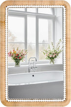 FUIN 30x20 Inch Rattan Wall Mirror with White Bead Trim, Handmade Boho Bathroom Vanity Mirror, Natural Rectangular Hanging Mirror for Bedroom, Living Room, Entryway, Vertical or Horizontal Mount
