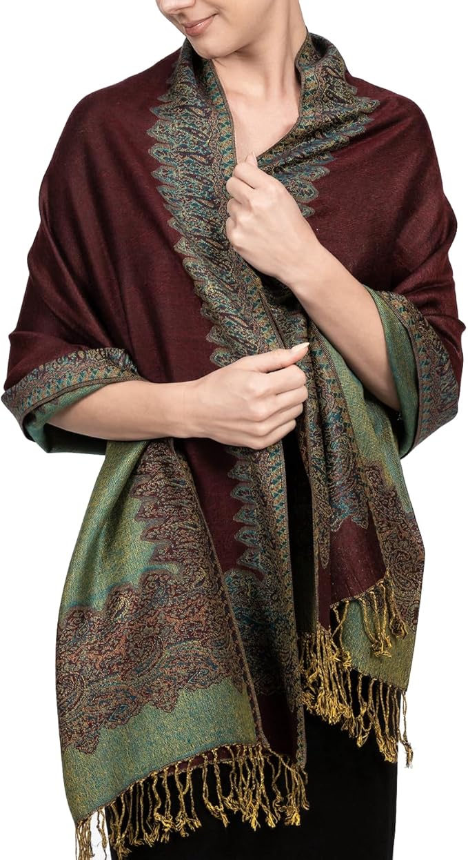 Achillea Reversible Paisley Pashmina Rave Scarf – Exotic Indian Shawls and Wraps for Evening Dresses, Festivals, All Seasons