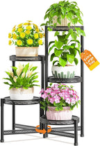 LASZOLA 5 Tiered Folding Tall Plant Stand for Indoor Outdoor Corner, Larger Heavy Duty Metal Adjustable Multiple Rack with 10 Inch Wide Hollow Tray, Flower Planter Holder for Modern House Patio, Black