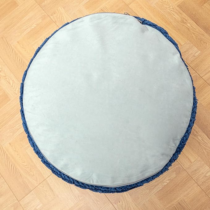 Unstuffed Ottoman Pouf Cover – Round Faux Fur Footstool Plush Floor Pouf (No Filler Included) Perfect for Living Room, Bedroom, or Office Lounge (Navy Blue, 20x20x15 in)