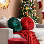 2 Pcs Round Throw Pillows 15 Inch Decorative Velvet Pleated Pumpkin Pillows Boho Floor Pillow with Center Button for Living Room Couch Chair Bed Sofa Home Decoration (Red and Green)