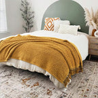Ultra Soft Cozy Sherpa Throw Blanket, Light Weight Warm Decorative Throw Blanket with Tassel, Mustand Yellow Pattern Reversible Boho Style Blanket for Sofa, Couch, Bedroom,Travel, 50”x60”