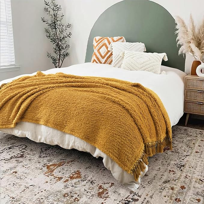Ultra Soft Cozy Sherpa Throw Blanket, Light Weight Warm Decorative Throw Blanket with Tassel, Mustand Yellow Pattern Reversible Boho Style Blanket for Sofa, Couch, Bedroom,Travel, 60”x80”
