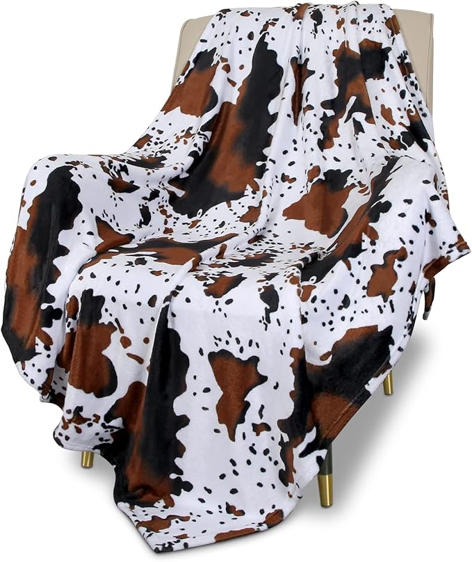 Macevia Flannel Fleece Twin Couch Blanket, Cow Print, Fuzzy Cozy Comfy Super Soft Plush Cowhide for Bed & Sofa, 260GSM, All Seasons (Cow-01, 60x80inches)