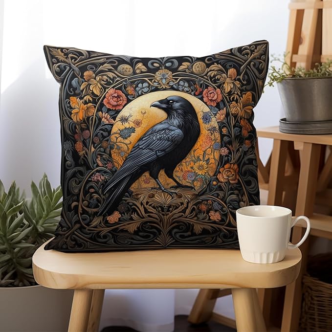 William Morris Abstract Vintage Floral Velvet Black Crow Design Throw Pillow Covers Home Decor, Retro Art Decor Pillowcase Cushion Cover for Bed Sofa Living Room, Square 18x18inch (Black-Crow)